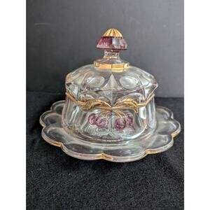 Mosser Northwood Cherry Cable Cover Glass Butter Dish gold red clear 2pc.  round